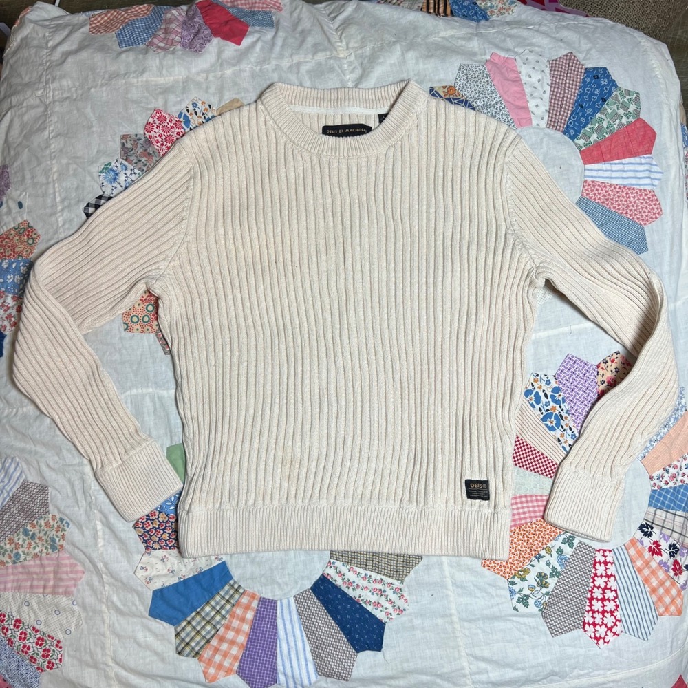 Deus‎ Ex Machina Mens Ribbed Knit Crewneck Sweater Cream Off-White Large L